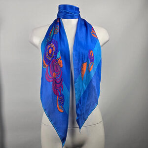 Vintage Usna Blue & Pink Floral Silk Scarf
